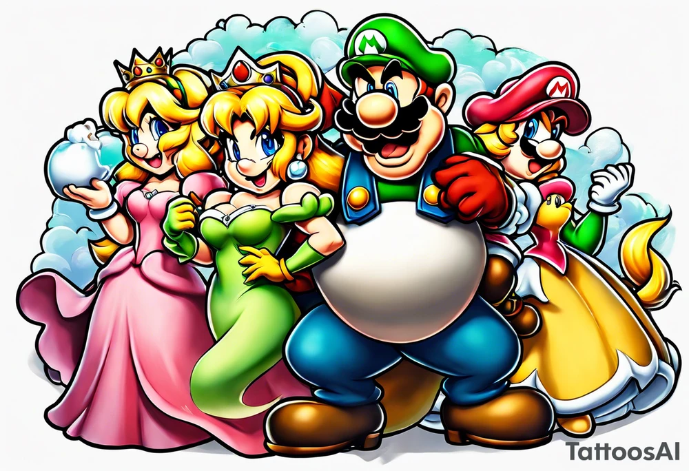 bowser holding Mario and Luigi severed heads with princess peach by bowsers side tattoo idea