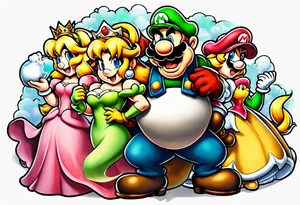 bowser holding Mario and Luigi severed heads with princess peach by bowsers side tattoo idea