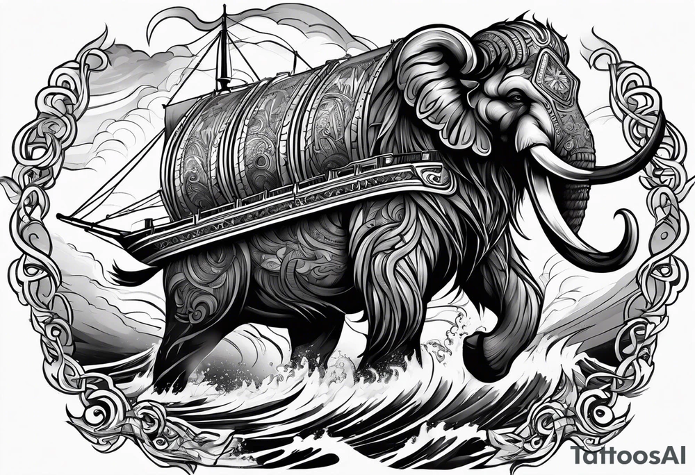 mammoth tribal on right chest going into a storm cloud thats on the arm awith a ship below tattoo idea
