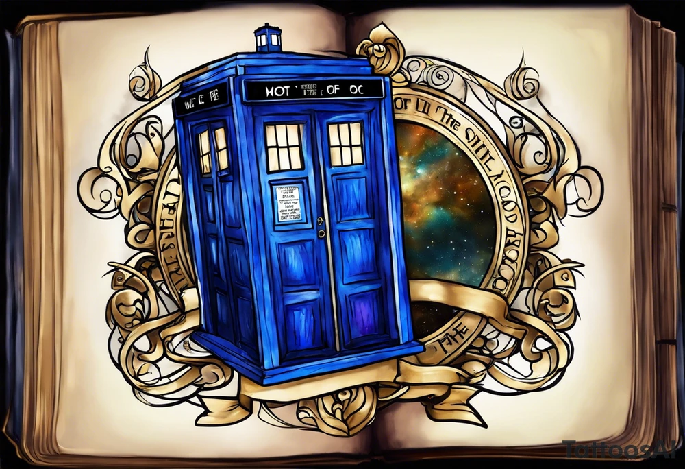 River songs diary from doctor who with the words "We're all stories in the end" I want just the TARDIS blue diary and those words in ribbons or something around the diary.  I want the diary to be closed tattoo idea