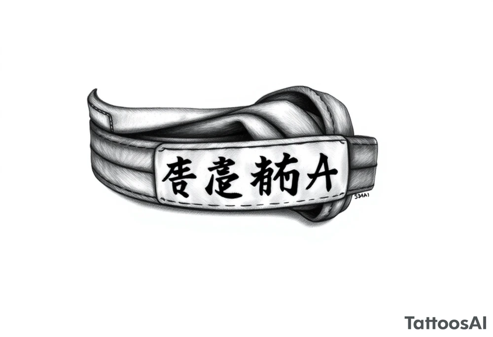 A realistic black and gray tattoo of a Brazilian Jiu-Jitsu black belt wrapping around the wrist like a bracelet. The belt is tied in a knot with one end showing the number 30 and the other showing 24. On the flat end of the belt, two Japanese kanji characters are inked in white: 成長 (growth) and 忍耐 (perseverance). The belt has subtle stitch marks and worn, textured shading for a slightly distressed, authentic look. tattoo idea
