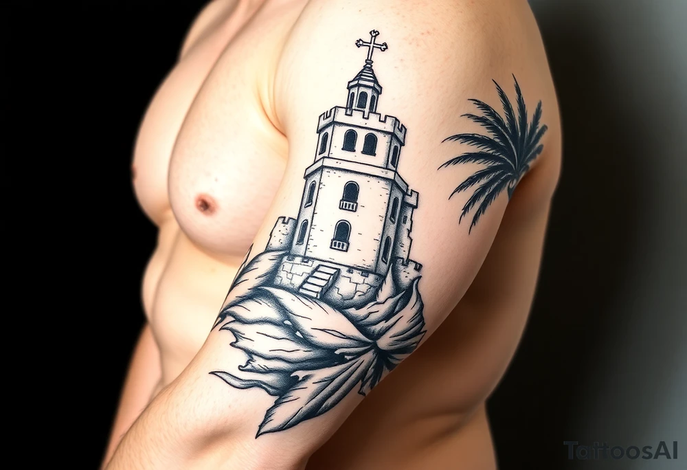 Saint Barbara, castle tower with three windows, palm tree tattoo idea