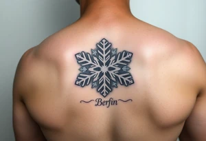 A white snowflake on Blue backround and the name „Berfin“ in it tattoo idea