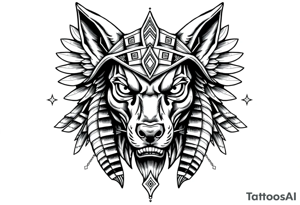 Egyptian Anubis god face muscle in Egypt style  with mantle on head with white eyes 

dog face surrounded Egyptian symbols based on elements tattoo idea