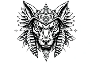 Egyptian Anubis god face muscle in Egypt style  with mantle on head with white eyes 

dog face surrounded Egyptian symbols based on elements tattoo idea