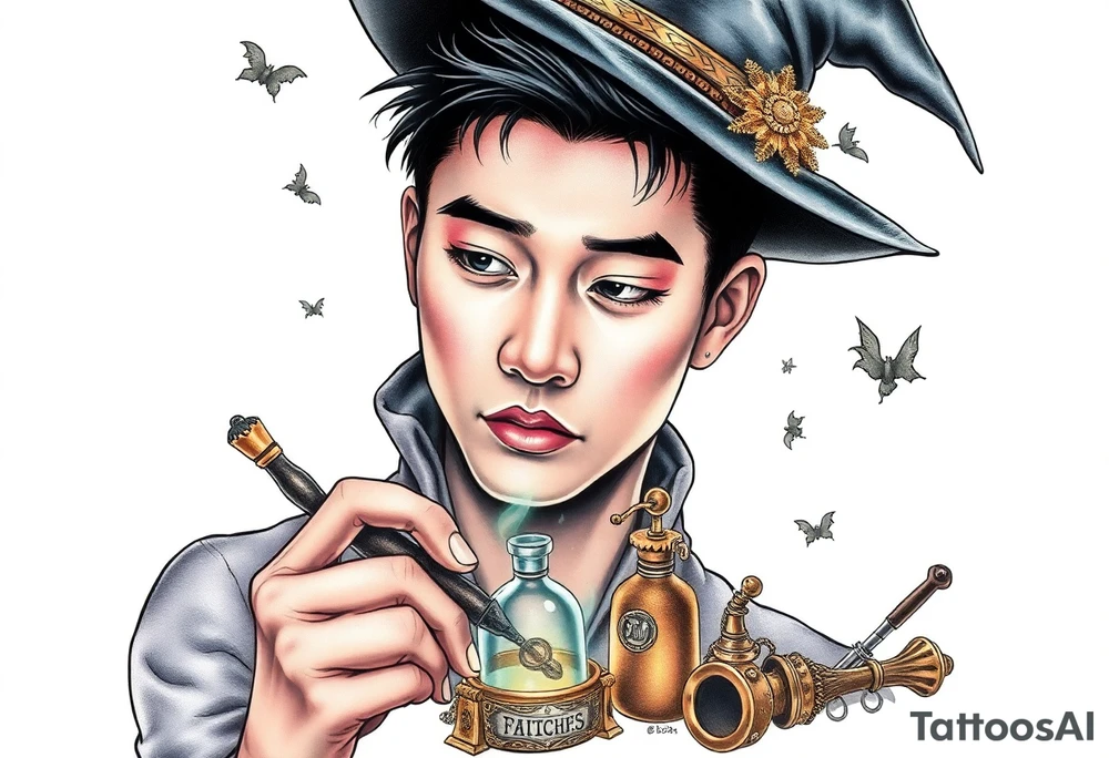 Handsome Asian young adult guy is  accidentally stumbled upon witch tools, supplies, artifacts, potions and exploring it curiously tattoo idea