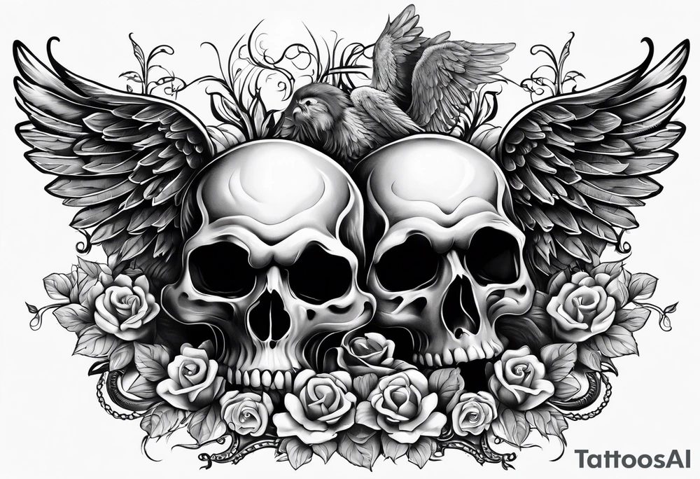 See no evil hear no evil speak no evil skulls go down the back with angel wings wrapped around the skulls tattoo idea