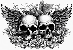 See no evil hear no evil speak no evil  skulls go down the back with angel wings wrapped around the skulls tattoo idea