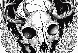 Halloween side profile of a DECAYING deer skull JUST BONE surrounded by a flames and trees in background tattoo idea