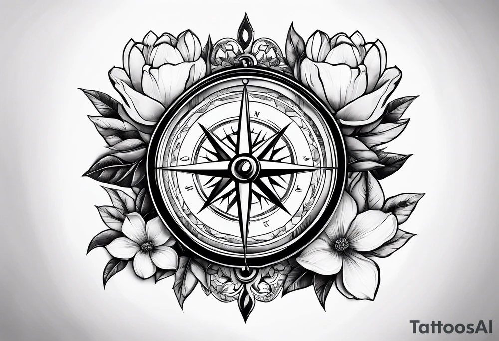 ancient stone compass with magnolia flowers tattoo idea