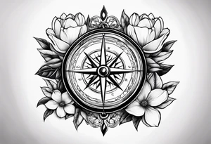 ancient stone compass with magnolia flowers tattoo idea