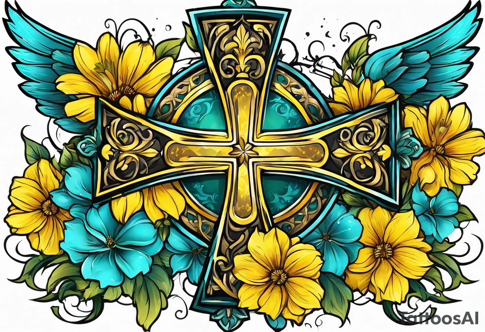 Winged cross surrounded by yellow and aqua flowers tattoo idea