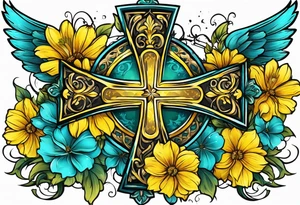Winged cross surrounded by yellow and aqua flowers tattoo idea