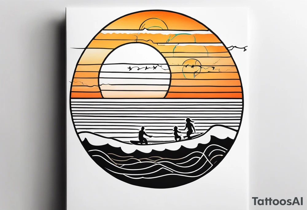 Black and white Line work tattoo depicting a father surfing with his two daughters.  The sunset and horizon have musical notes. tattoo idea