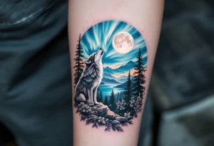 lone wolf howling at full moon with northern lights backdrop tattoo idea