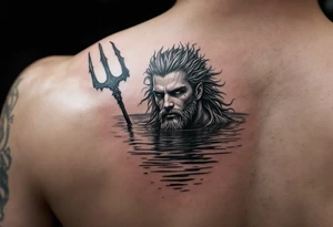 fit young poseidon with trident half way in calm water tattoo idea