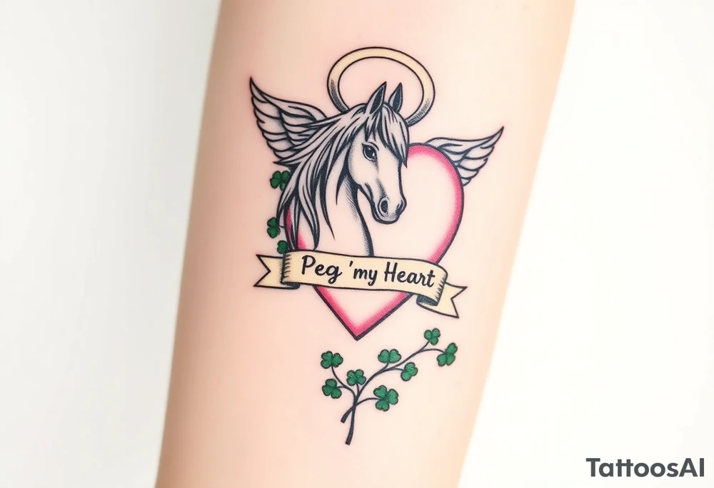 a big pale pink heart and a mare with wings and a halo and a bunch of green shamrocks, with a banner across the heart that says Peg 'o My Heart tattoo idea