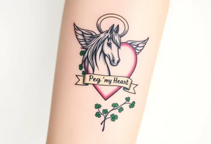 a big pale pink heart and a mare with wings and a halo and a bunch of green shamrocks, with a banner across the heart that says Peg 'o My Heart tattoo idea