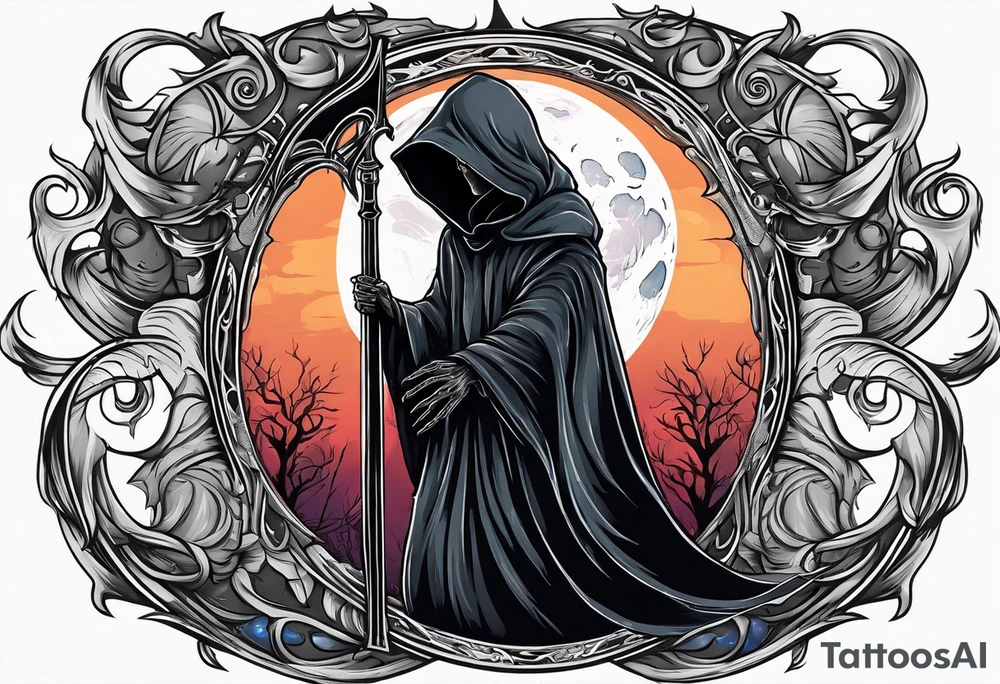 Grim reaper with moon behind cloak tattoo idea