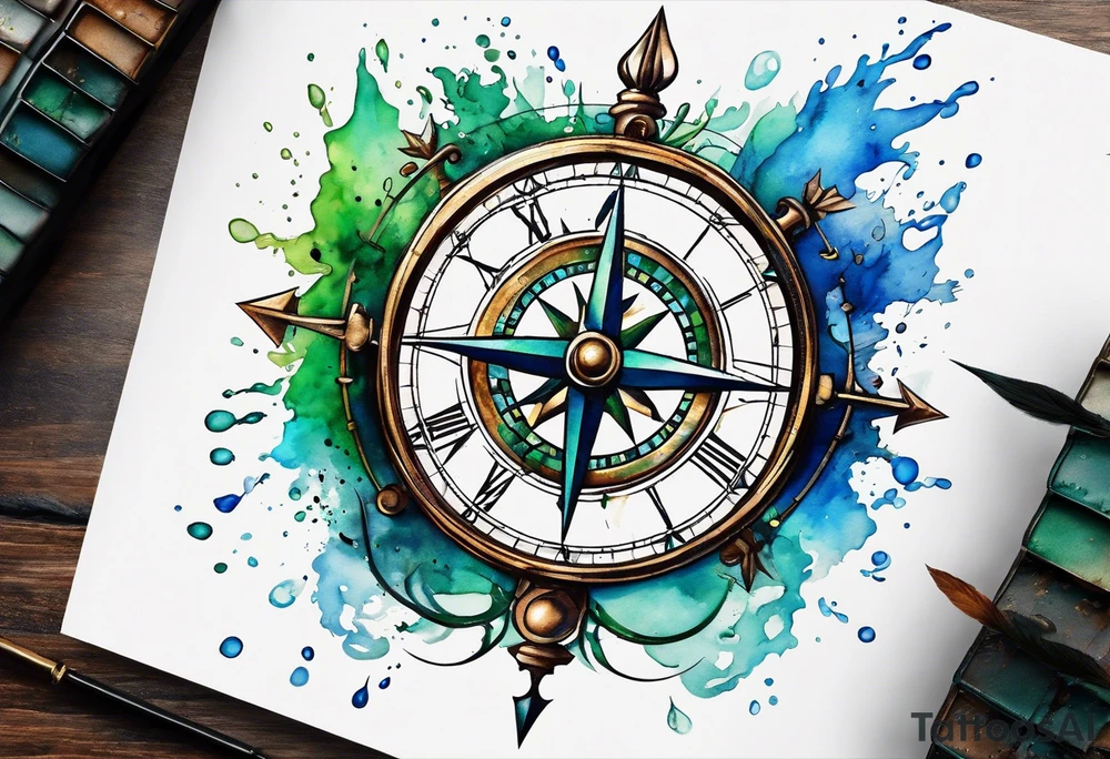 half compass half clock with arrow and splashes of blue and green to symbolize water and earth tattoo idea