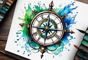 half compass half clock with arrow and splashes of blue and green to symbolize water and earth tattoo idea