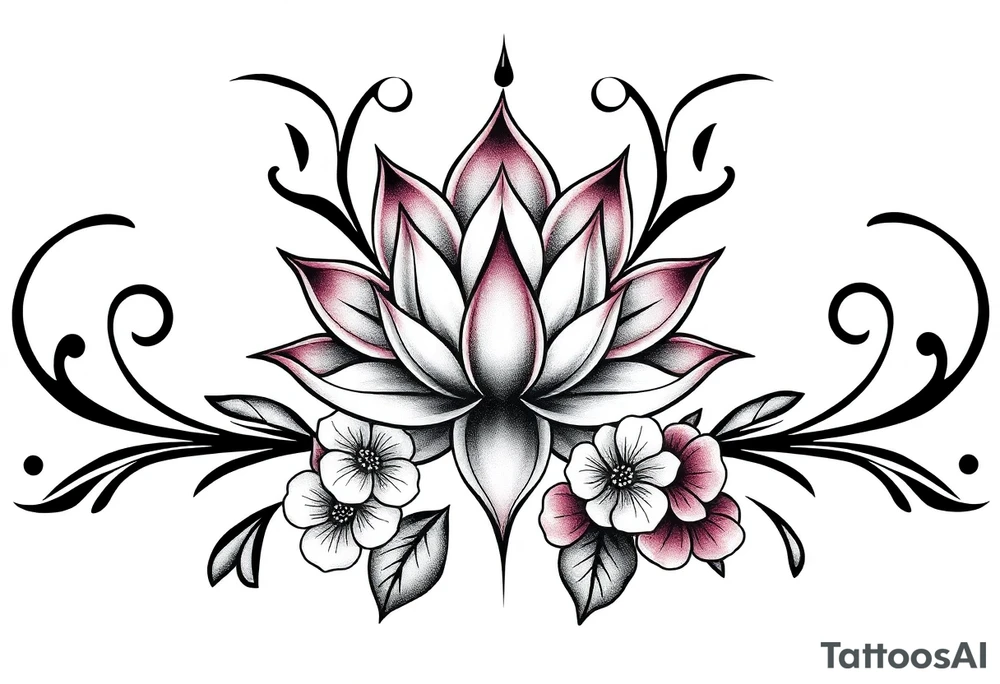 Lotus flower surrounded by forget me nots and peonies tattoo idea