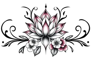 Lotus flower surrounded by forget me nots and peonies tattoo idea