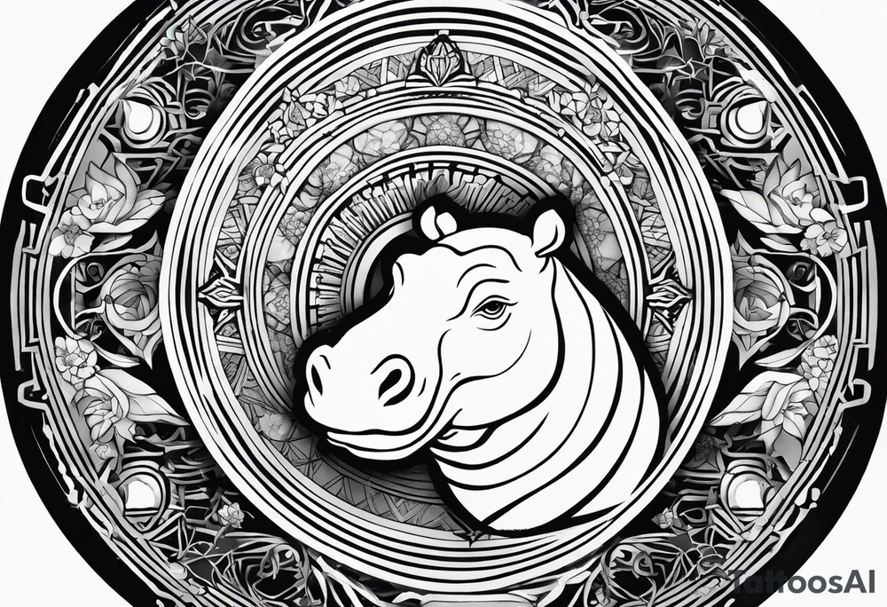 Very asymmetrical, +geometric pattern, with realistic full moon, with seeious looking hippo, +zen feel, + Buddhism touch, +tribal, +geometric
with wintersweet flower bud, +portrait orientation, +inkart touch, tattoo idea
