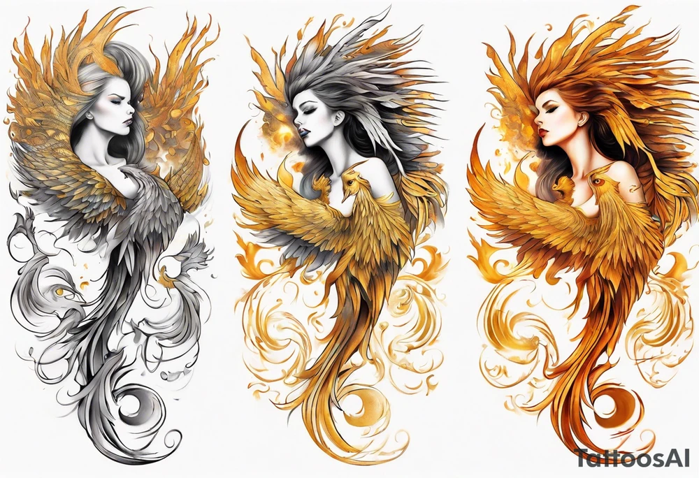 Sleeve tattoo on a woman's arm. Gold Phoenix tattoo idea