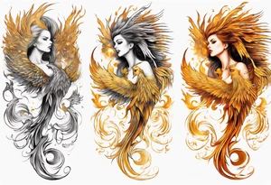 Sleeve tattoo on a woman's arm. Gold Phoenix tattoo idea