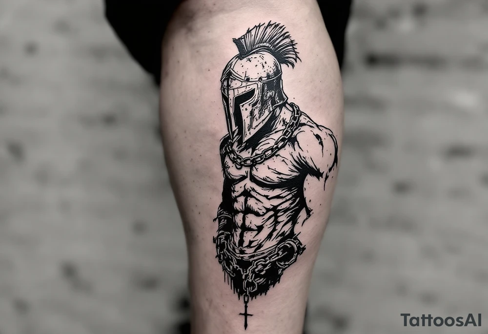 Chains of the Slave Gladiator – A warrior with iron chains hanging from his wrists, symbolizing his past as a slave. His rusted helmet bears the scars of countless fights, and his muscular body is covered in old wounds. tattoo idea