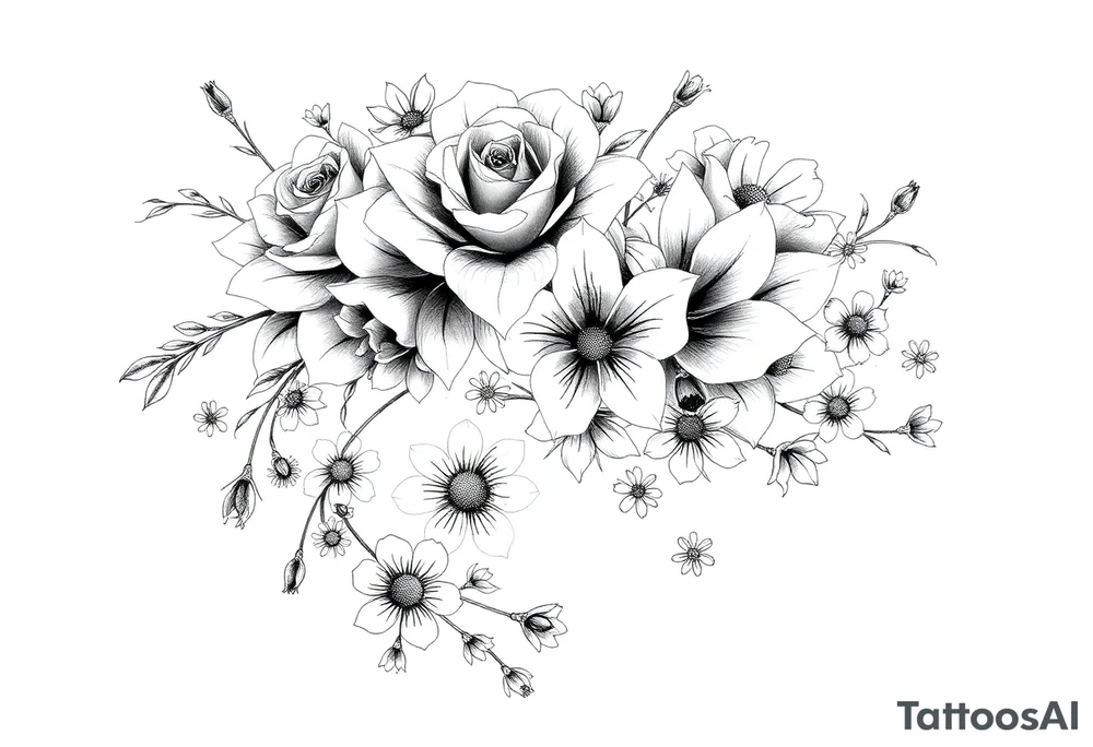 Arm and shoulder tattoo including roses, Lilly’s, daisys and small flowers tattoo idea