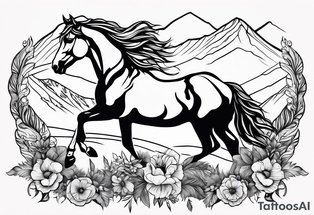 Wild horse, mountain background, feather, flowers, western tattoo idea