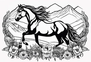 Wild horse, mountain background, feather, flowers, western tattoo idea