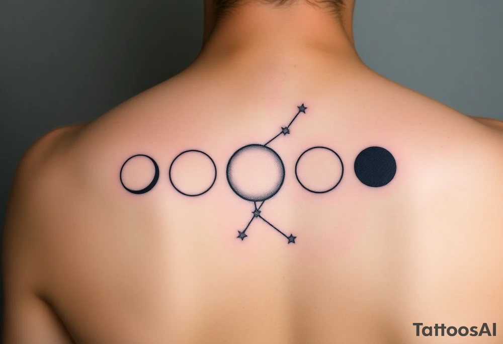 I’d like a vertical tattoo featuring five moon phases in this order: waxing crescent, third quarter, full moon, first quarter, third quarter. Behind the moons, I want the Capricorn constellation represented only by the star points—no connecting lines—arranged in the correct shape. The style should be minimalistic, celestial, and elegant tattoo idea