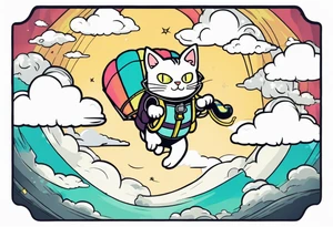 cat going skydiving with parachute in the rick and morty style tattoo idea