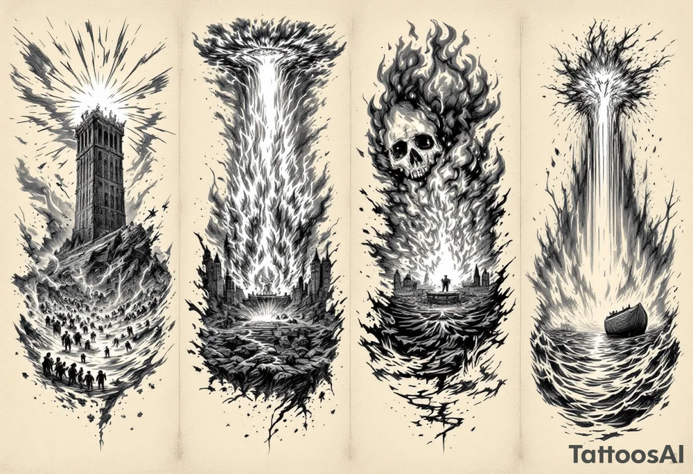 in order.
1. A crumbling tower struck by lightning, with people scattering in chaos.
2. Fire raining down from heaven on a burning city, with smoke rising.
3. A blazing altar with fire falling from heaven
 4. Floodwaters overtaking the earth, with an ark in the distance. tattoo idea