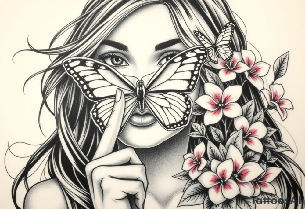 Womens Face withh her finger to her lips like saying  speak no evil with her long long hair flowing in the wind but ontop where her eyes would be they are covered by the lower half of a big butterfly as if being blind folded by the lwer part of butterfly for see no evil havi g her hand to her ears for hear no eveil around that butterfly medium and small and very small butterflys and bush of Beautiful pink plumeria found in Kaimuki, on the island of Oahu. And leafs that would bee seen with these flowers tattoo idea