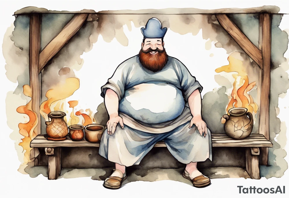 fat man with a full beard but no eyes wearing a mushroom hat and medieval tunic sitting on a bench by a fireplace drinking from a wood cup, laughing tattoo idea