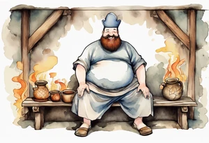 fat man with a full beard but no eyes wearing a mushroom hat and medieval tunic sitting on a bench by a fireplace drinking from a wood cup, laughing tattoo idea