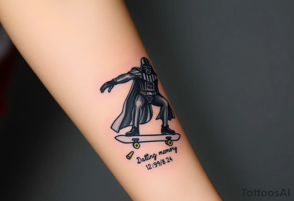 Darth Vader skateboarding > bullets > in loving memory > colors
add words "Darth Carter" to skateboard
add date 12/29/88-01/06/24 tattoo idea