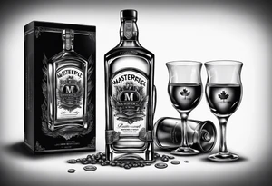 Canadian whiskey and glass and dog tags tattoo idea