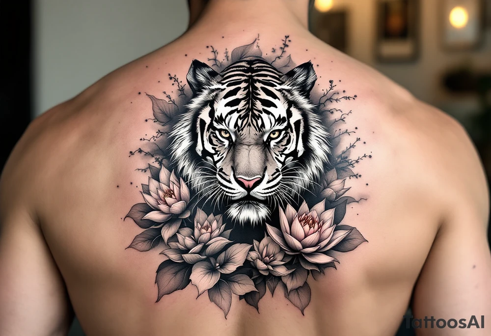 fierce tiger emerging through blooming lotus flowers in mist tattoo idea