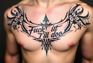 Unreadable “ Fuck it, I’ll do it” test on ribcage and upper ribs. 30 cm long. Kalligraphie mixed with neotribal style. tattoo idea