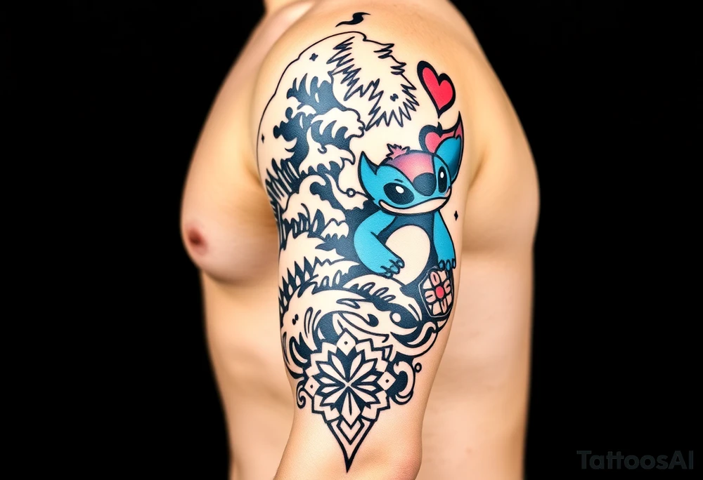 a half sleeve, right side on upper arm, incorporate waves, while adding disney characters lilo and stitch, as well as characters and items from moana, including moana, maui, heihei, pua, heart of tefiti. Making it kind of hawaiian themed, adding some turtles tattoo idea