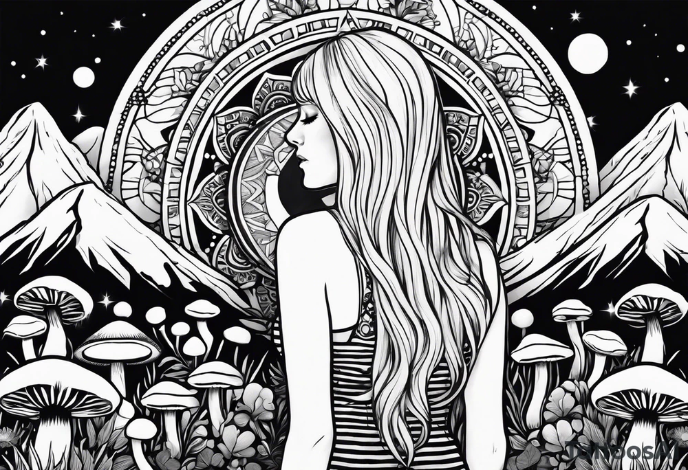 Straight blonde hair girl holding mushrooms in hand meditating facing away toward mountains surrounded by mushrooms crescent moon mandala circular design black and white striped dress tattoo idea