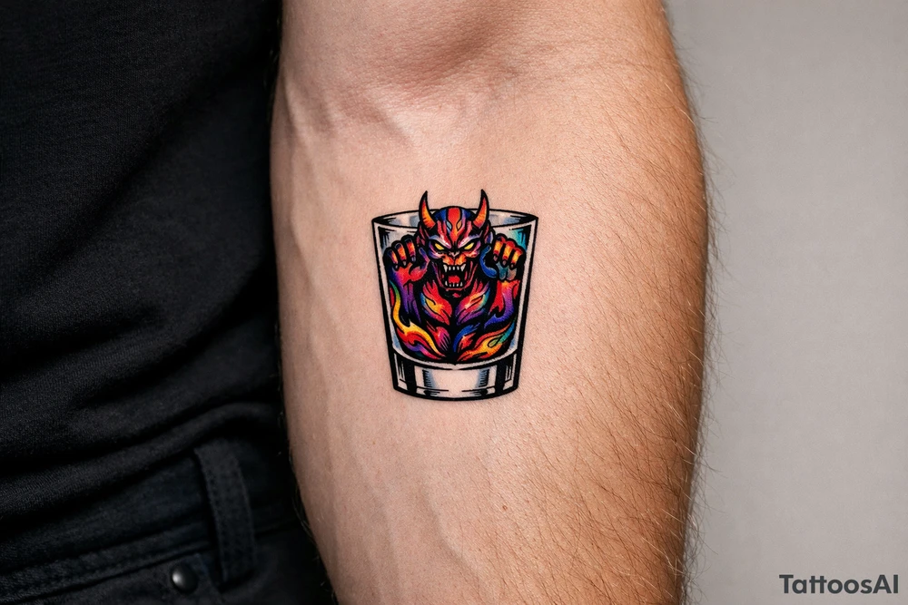 Silhouette of a demon trapped in a minimalist shot glass, sharp lines. tattoo idea