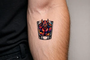 Silhouette of a demon trapped in a minimalist shot glass, sharp lines. tattoo idea