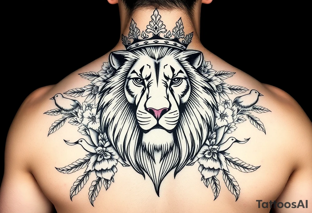 powerful majestic lion with a crown, surrounded by floral ornaments and birds tattoo idea
