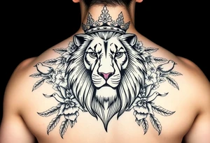 powerful majestic lion with a crown, surrounded by floral ornaments and birds tattoo idea
